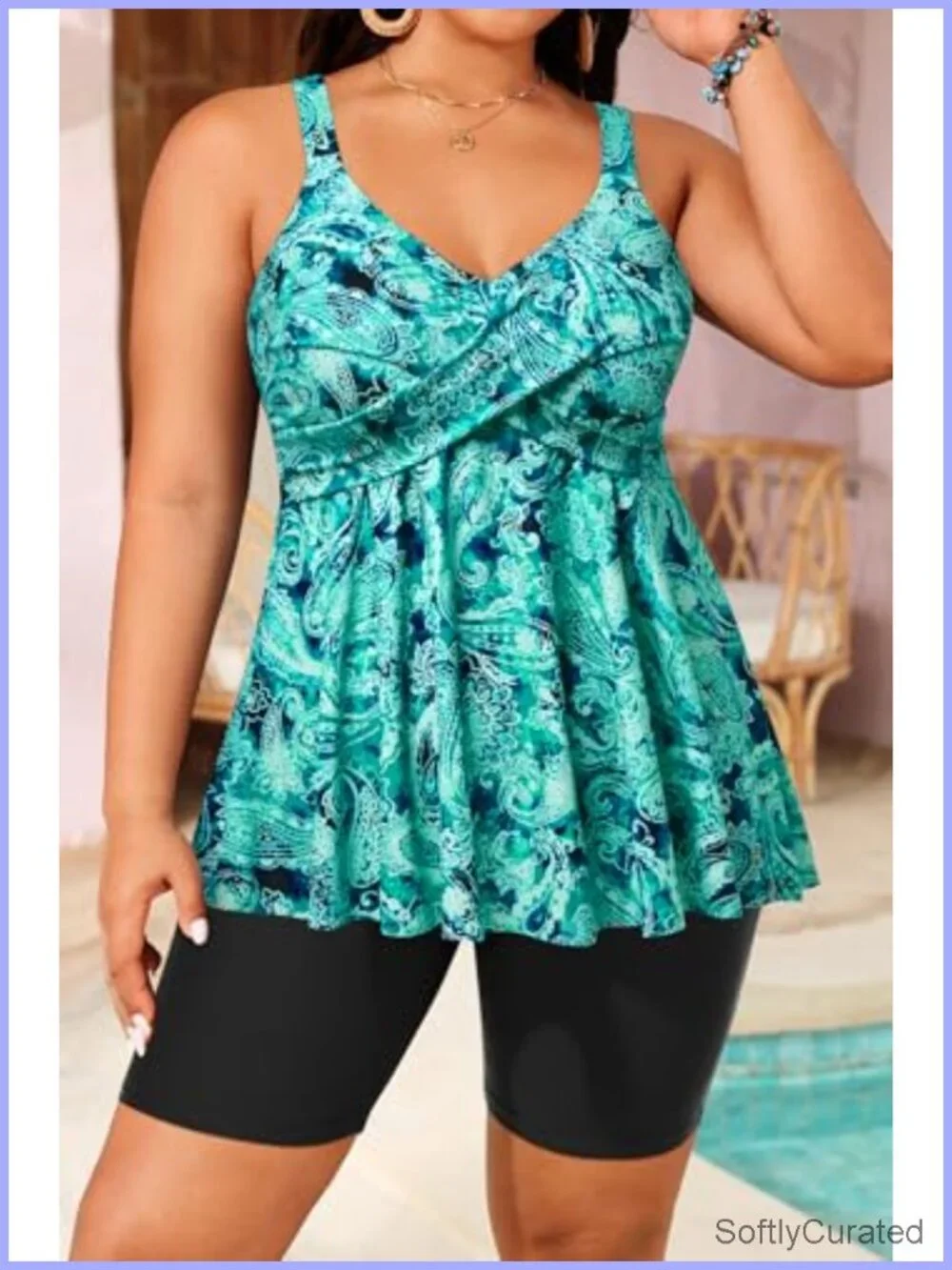 Plus Size Tankini Set with Shorts - Tummy Control 2 Piece Bathing Suit Flowy
